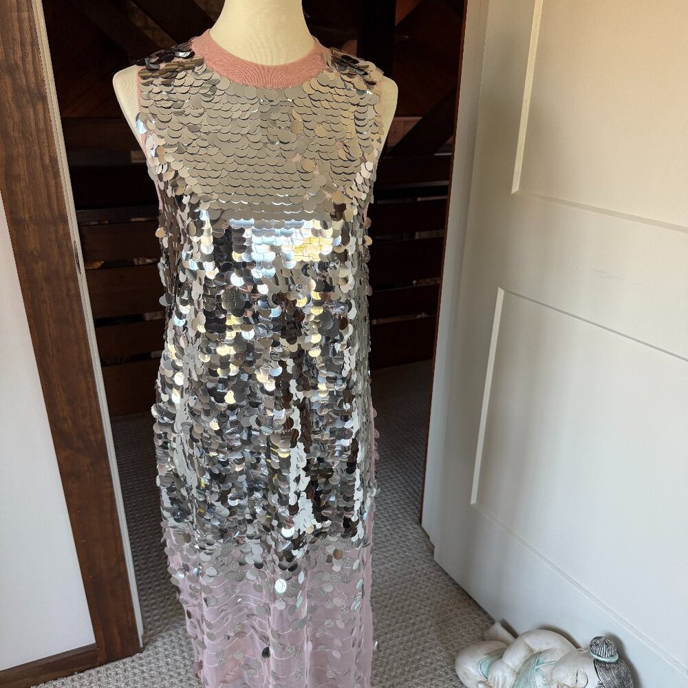 ZARA Silver Sequin Maxi Dress with Blush Pink Hem | Size M